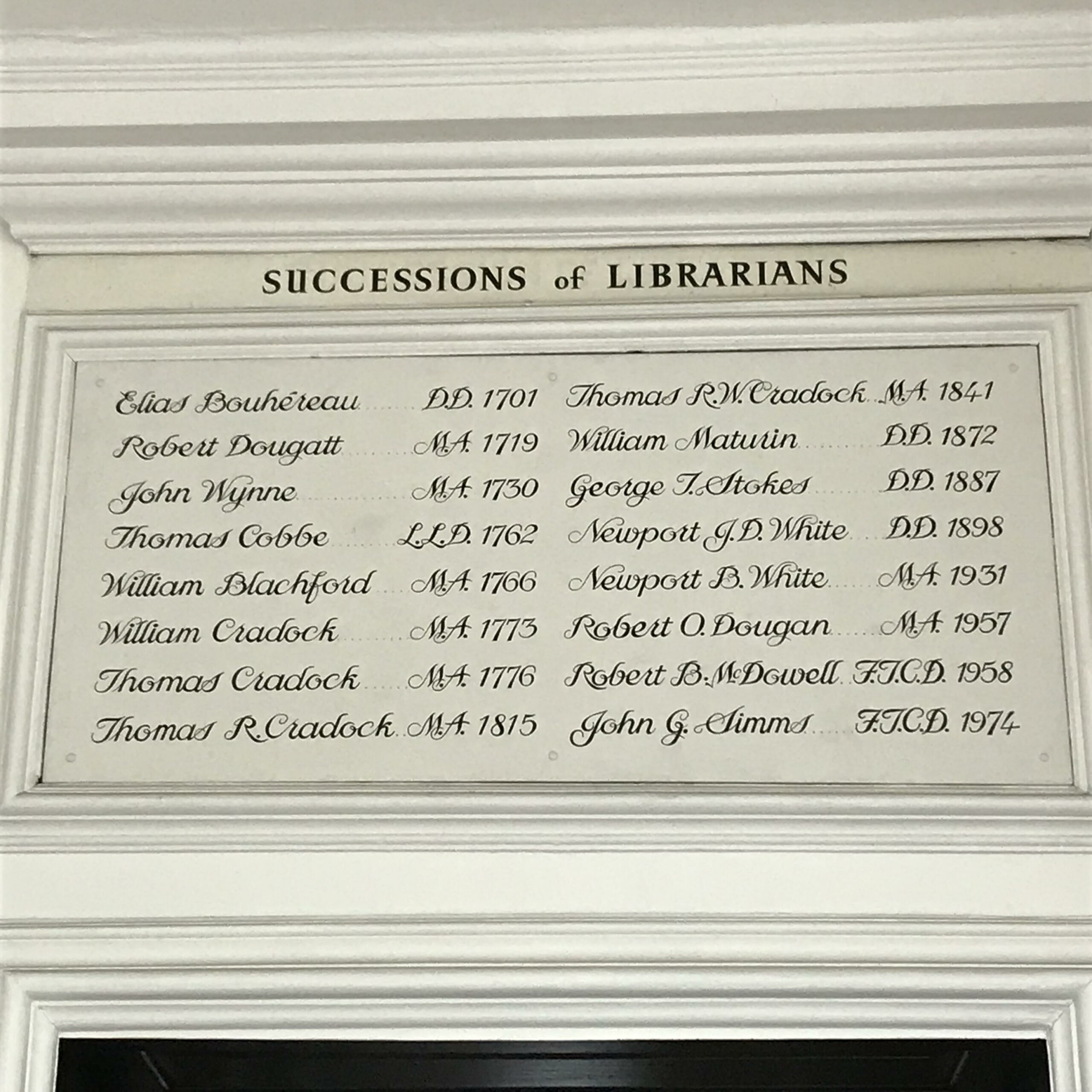 photo of succession of Librarians listed above door in Marsh's Library